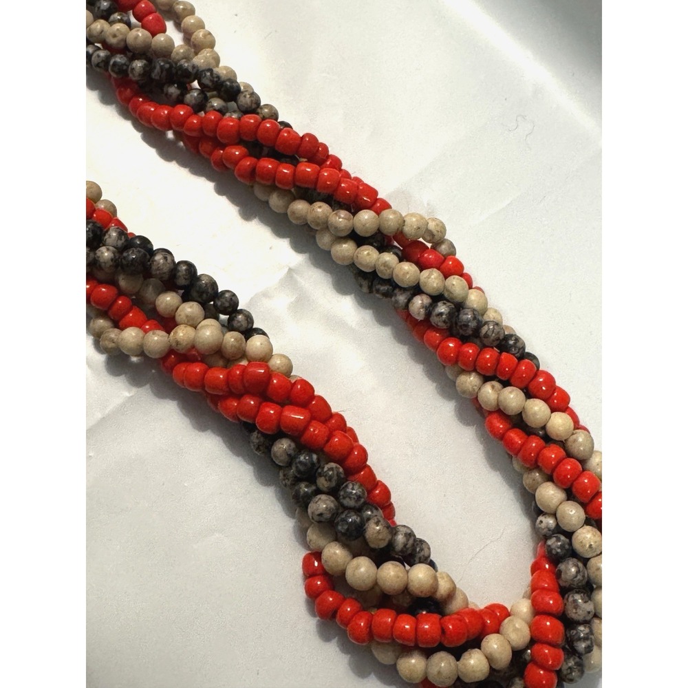 3 Strand Beaded Necklace Set Coral Gray Tan Seed Bead Layering Boho 31 Inch